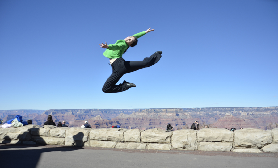 Dancer Miranda proves that 1000-something-ft canyons are no match for her superior jumping skills. (
