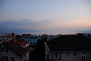 This photo of sunset over Lake Geneva was taken from the theater rooftop right before a performance. (TK Kuo) Moonrise over the Swiss Alps. (TK Kuo)