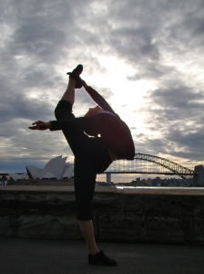 Daisy Wang and her exceptional flexibility at Sydney Harbour. We watched the sunrise up at Diamond Head around sixish. Not a bad way to finish our Hawaii visit. Left to right: Jennifer Chen, Madeline Lobjois, and me.