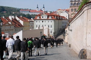 Walking with other performers down the streets of Prague, Czech Republic, 2011. (Sebastien Chun)