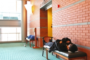 Dancers catching some z&#039;s between a matinee and a night show in France, 2010. (Sebastien Chun)