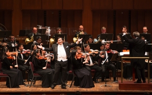 Trumpet players (left to right) Kaspar Martig, Eric Robins, and Alexander Wilson perform Bugler&rsquo;s Holiday by American composer Leroy Anderson.