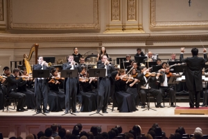 Trumpet players (left to right) Kaspar Martig, Eric Robins, and Alexander Wilson perform Bugler&rsquo;s Holiday by Leroy Anderson, conducted by Yohei Sato.