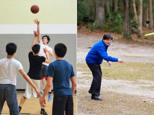 Immer wenn wir mal einen freien Tag haben, finden wir unterschiedliche Wege zum Relaxen. Rechts wirft Dirigent William Kuo einen Neon-Frisbee, w&auml;hrend Solot&auml;nzer Tim Wu links einen Weitwurf abgibt. (Gary Liu [L] und TK [R])