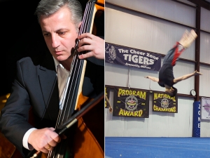 &ldquo;Practice makes perfect&rdquo; - here&rsquo;s a driving philosophy shared by dancers and musicians alike. (Left) Shen Yun double bass player Tigran Voskanyan fine-tunes his articulation, while Principal Dancer Tim Wu (right) takes flight at the Cheer Zone Tigers Gym in Evansville, IN. (Photos by TK [L] and Gary Liu [R])