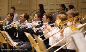 The brass section rehearses at Boston Symphony Hall, Oct. 4.