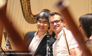 Shen Yun clarinet players Yuen-suo Yang (left) and Yevgeniy Reznik before the season premiere concert in Boston, Oct. 4.