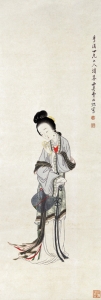 By Qing Dynasty Painter Fei Danxu: A maiden contemplates a pair of bracelets in her hands. Half of her hair has been gathered up into coils atop her head, the other is neatly tied back by the base of her neck. This exposed her neck and forehead, considered beautiful by ancient Chinese ideals.