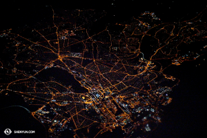 This photo was taken at 2am over England somewhere…  (photo by projectionist Annie Li)
