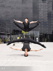 Shen Yun Touring Company&#039;s male dancers in front of Metropolitan Auditorium in Puebla, Mexico. (photo by dancer Pierre Huang)