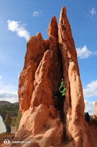 Dancers Kaidi Wu (top) and Helen Li are gently clasped at Garden of the Gods. (photo by Lavender Han)