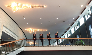 From left, dancers Megan Li, Elsie Shi, Angela Xiao, and Olivia Chang at the Place Des Arts in Montreal. (photo by projectionist Annie Li)