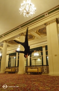 Across the country, in Massachusetts, dancer Alan Lee practices his layout-stepout. This is the lobby of the beautiful Hanover Theatre in Worcester, locally known as Woosta. (Photo by dancer Daren Chou)
