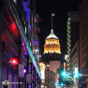 And finally, the company arrived in San Antonio. While not as iconic as the Alamo, the Tower Life Building is still a sight when lit up at night. (Photo by Darrell Wang)