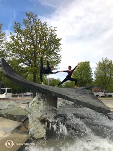 Back in Europe, Shen Yun World Company also performed in Germany’s Ludwigsburg, where principal dancers Susan Zhou (left) and Lily Wang mimic a scene from this year’s The Enchanted Painting.
