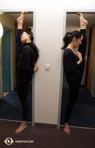 After days of travel on the bus, dancers Lily Wang (left) and Stephanie Guo were happy to be back in the theater and able to stretch. We’ll leave them stretching in Europe for just a moment and check back with another group.
