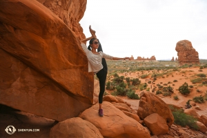 As you can see, she enjoys stretching even while on vacation. 
