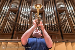 Principal trumpet Eric Robins feeling the power of the brass.
