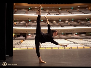 Then all the way in Japan, dancer Hannah Rao quietly warms up on the stage of the Nagoya Congress Hall. The Japanese leg of the tour just concluded, but we look forward to performing in the Land of the Rising Sun next year! (Photo by projectionist Annie Li)