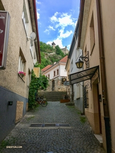 Taking a stroll down a charming cobblestone street in the city of Trenčín in western Slovakia. (Photo by dancer Betty Wang)
