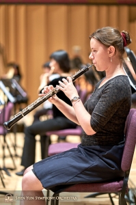 Oboist Leen De Blauwe practices a few passage before the show.
