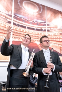 Back in America, trumpet player Vladimir Zemtsov and Principal Clarinet Yevgeniy Reznik behold the splendor of Carnegie Hall's Stern Auditorium... from backstage.
