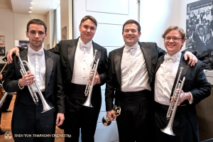 The trumpet section (L-R): Alexander Antonov, Vladimir Zemtsov, Eric Robins (principal), and Jimmy Geiger.
