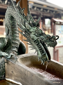 Dancer Lily Wang spies an intricate dragon fountain.
