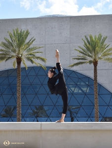 Sementara itu, penari Zoe Jin bersaing dengan ketinggian pohon palem di luar Teater Mahaffey di St. Petersburg, FL. (Foto oleh Kaitlyn Chen)