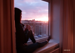 While in Denmark, violist Tiffany Huang takes a break from practice to enjoy the sunset.
