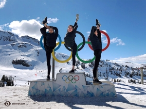 Dancer Hannah Jao strikes a gold-winning pose while Yuxuan Liu (left) and Eva Su are close behind with silver and bronze, respectively. (Photo by dancer Diana Teng)
