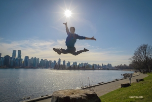 Stage manager Tim Wu leaps in the air at Stanley Park. Yes, previously he was a dancer (not all stage managers can jump like this!). (Photo by Daniel Jiang)
