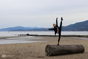 Hopefully the log doesn’t roll away from Principal Dancer Kaidi Wu! (Photo by dancer Sophie Xie)
