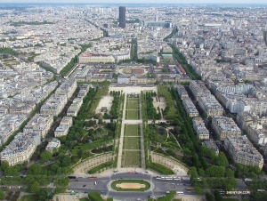 A view from the Eiffel Tower of the Champs de Mars gardens.
