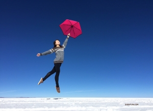 Tiffany Yu in the refreshing tranquility of Bolivia's Salar de Uyuni salt flats.