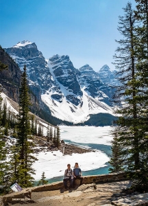 Brothers Daniel (dancer, right) and Haihang Jiang (bassoonist) at Moraine Lake in Banff National Park, Canada.