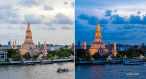 Wat Arun przed zachodem słońca i oświetlony dziesięć minut później