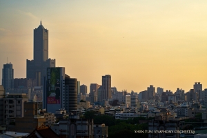 A relaxing cityscape sunset helps the musicians unwind after their matinee.