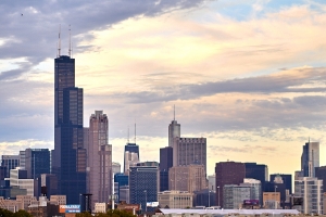 Sonnenuntergang über Downtown Chicago.