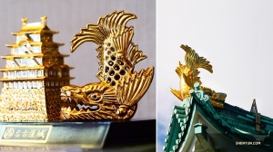 The two golden tiger-fish roof ornaments atop Nagoya Castle, one male and one female, are symbolic of the castle. They each have the head of a tiger and the body of a carp. (Photo by Tony Zhao)