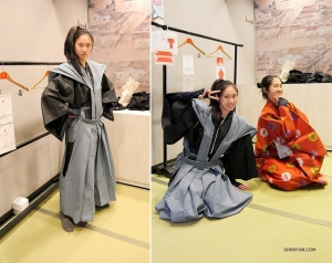 Danseressen Michelle Lian (links) en Jessica Si ontdekken traditionele Japanse kleding en kunnen de verleiding niet weerstaan om ze aan te trekken. 