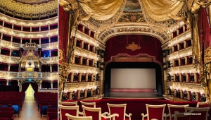 De Koninklijke Loge van het Paleistheater waar de koning van Engeland eerder van voorstellingen heeft genoten (links), en het perfecte uitzicht dat hij zou hebben gehad vanaf zijn koninklijke zetel.

(Foto door Han Ye)