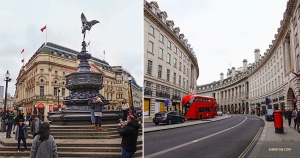 Piccadilly Circus on the left (no wild animals here, 'circus' is derived from the Latin word 'circle') and Regent Street, the world's first retail shopping street. (Photo by Jeff Chuang)