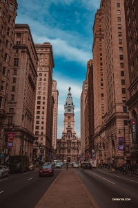 While in Philadelphia for 20 performances at the Merriam Theater, performers explore the downtown. The City Hall building (straight ahead) is the tallest masonry structure in the world without a steel frame. 