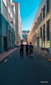 Dancers explore downtown Auckland on foot.

(Photo by Monty Mou)