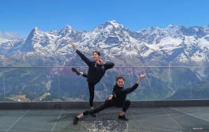 Inspired by the grandeur of the Swiss Alps, dancers Anna Huang and Karina Fu strike a dance pose while at the Schilthorn summit.