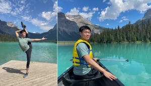 Un po' di stretching prima di una rilassante remata sul brillante lago Moraine.