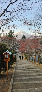 Quando il giorno inizia a calare, la cima innevata del Monte Fuji si crogiola negli ultimi raggi dorati del sole.