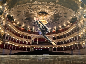 Dans l'opulent décor néo-rococo de l'Opéra d'État de Prague, une danseuse exécute sans faute un zi jin guan - ou saut 
