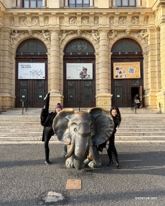 Dancers delight in an unexpected wildlife encounter in the city: the sculpture 